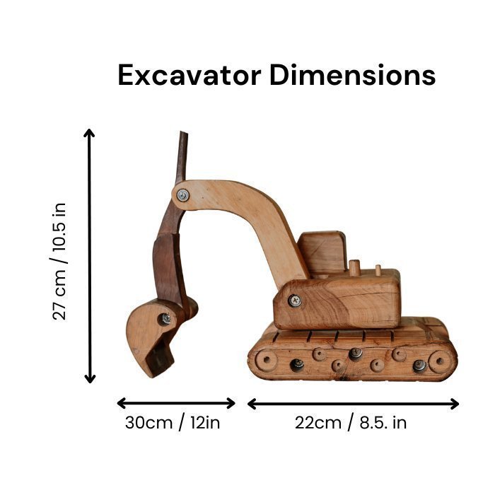 Big luxury Handmade Wooden Toy Excavator Digger. Heirloom. Durable. Functional Arm, boom, blade. Rotating Cab. Dimensions. White background.