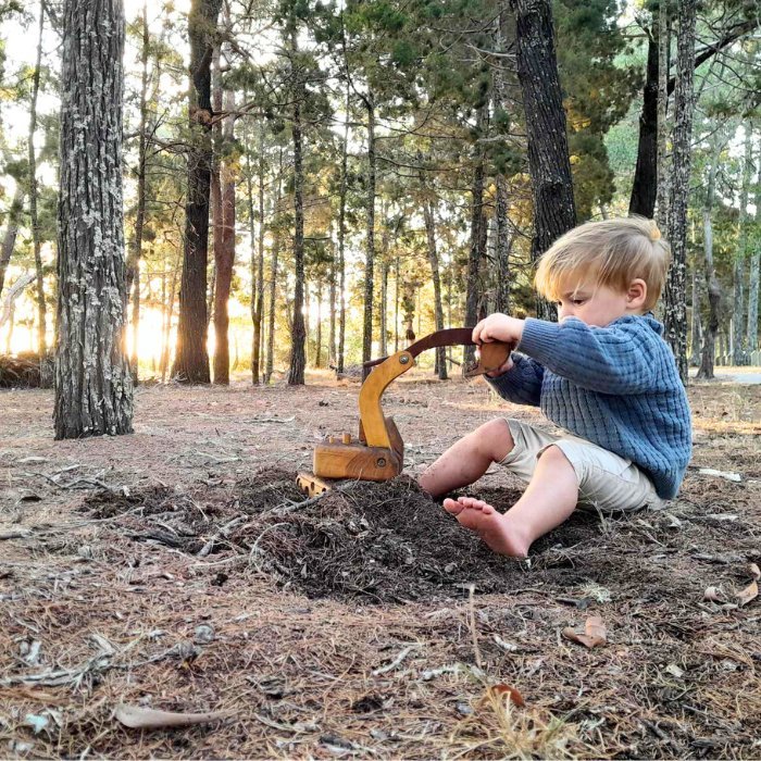 Big Large Luxury Handmade Wooden Toy Excavator Digger. Heirloom. Durable. Functional Arm, boom, blade. Rotating Cab. pre-school boy playing with digger, digging sand in Australian farm and bush land.