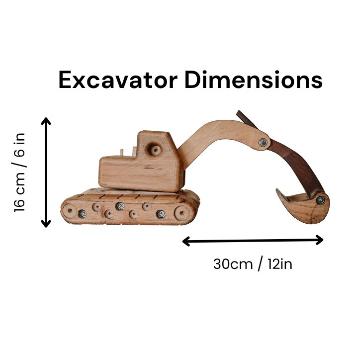 Big luxury Handmade Wooden Toy Excavator Digger. Heirloom. Durable. Functional Arm, boom, blade. Rotating Cab. Dimensions. White background.