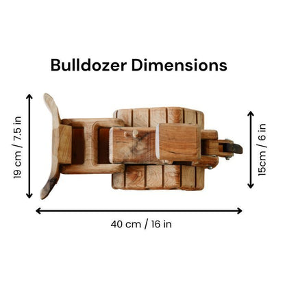 Ballard Bear handmade wooden bulldozer dimensions. Looking down from a birdseye view. Showcasing large size and durable features such as treat and sturdy blade.  