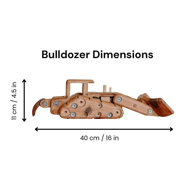 Ballard Bear Handmade Wooden Bulldozer Dimensions. Diplaying large size and functionality such as moving ripper and blade.