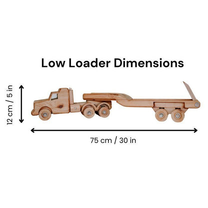 Ballared Bear Handmade Wooden Low Loader Truck and Float Trailer Dimensions. Large in size, durable and built to last. Made from quality cedar wood. Removable trailer, suspension and working ramp.