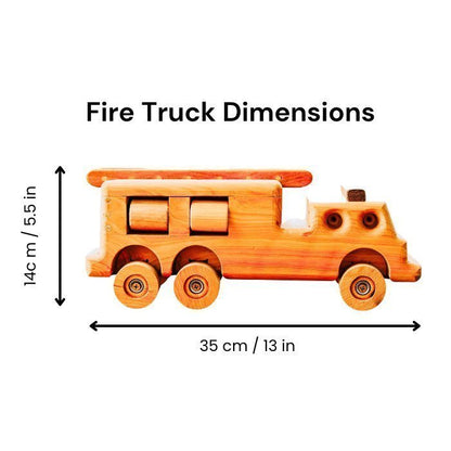 Dimensions of Ballard Bear's big durable handmade wooden fire truck. Showing detail and realistic features such as ladder, suspension, rolling hose reels.