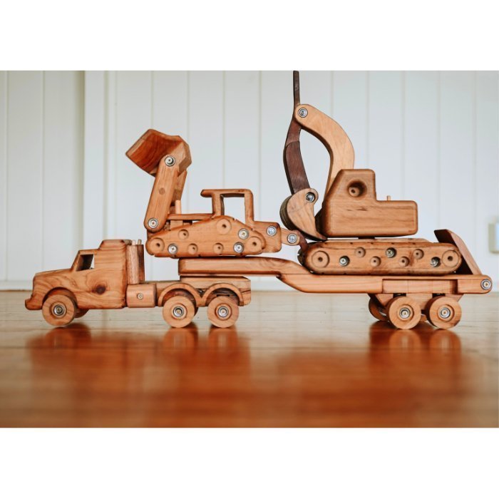 Premium Wooden Construction toy set. A Truck and Float, loaded with bulldozer and excavator. Closed Ramp ready to haul heavy equipment toys.  