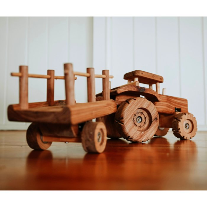 Premium Handmade Wooden Tractor Trailer. Showcasing intricate details. Suspension and removable trailer.